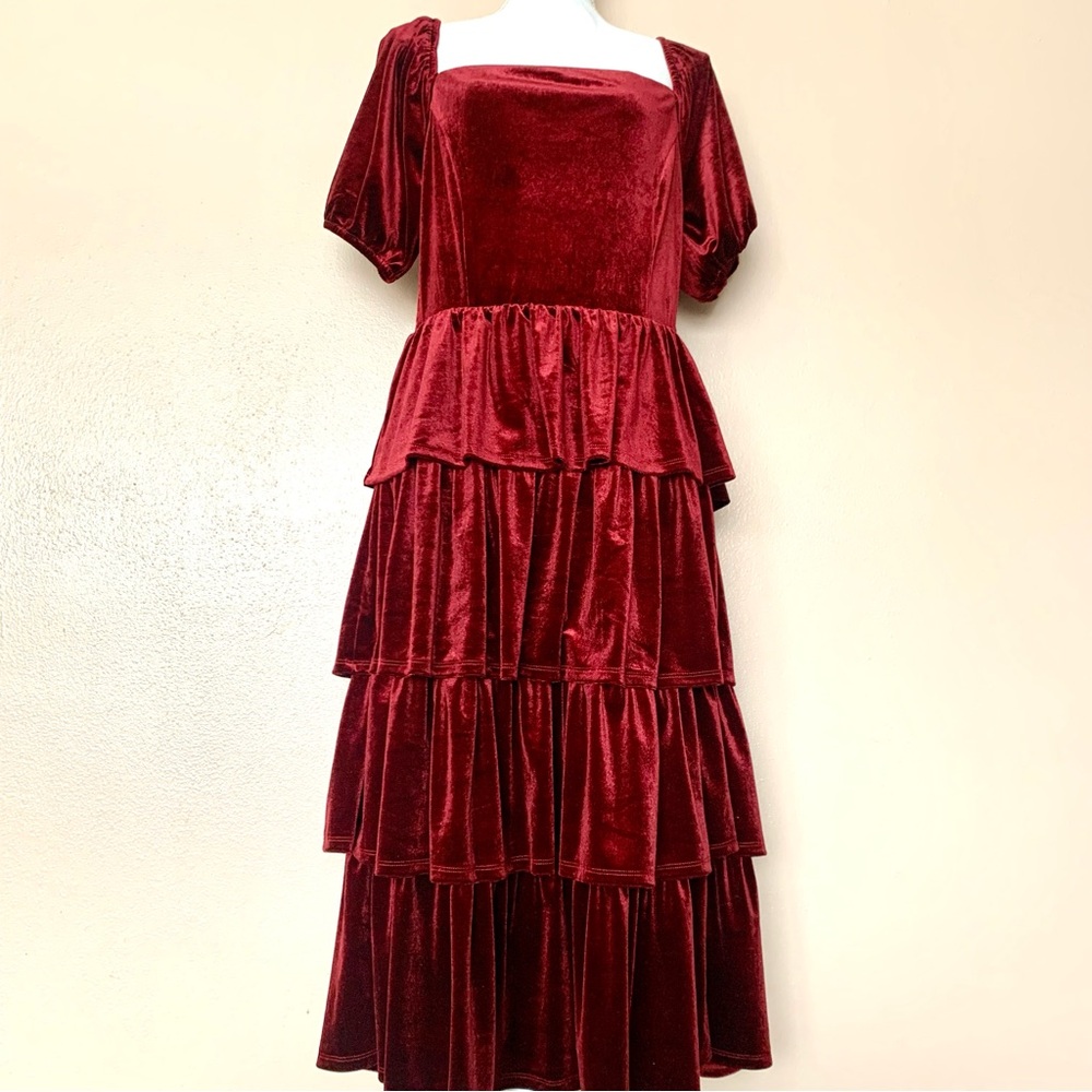 Tullabee Burgundy Red Velvet Smocked Tiered Dress.